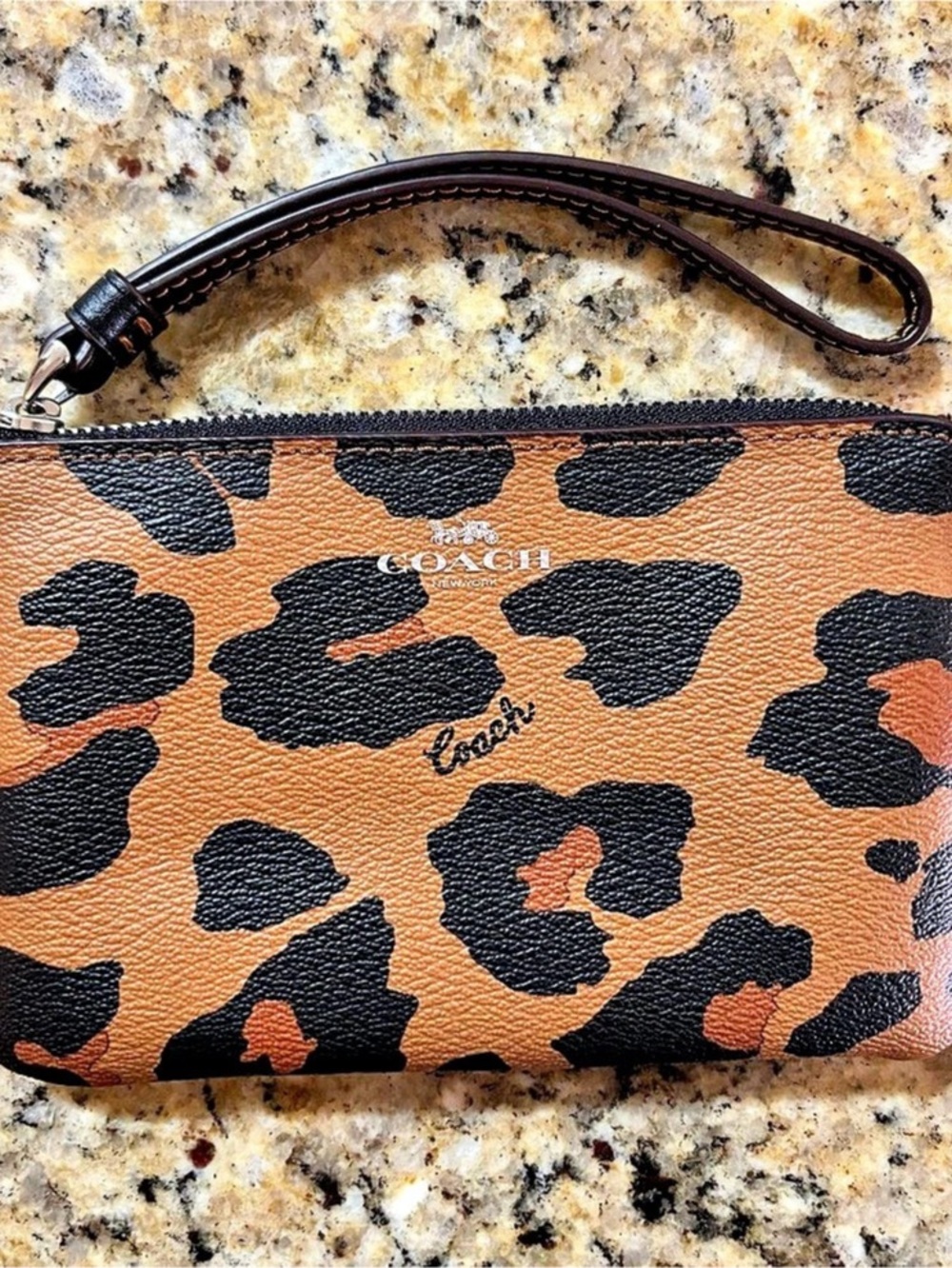 Coach Corner Zip Wristlet With Leopard Print (brown and black)